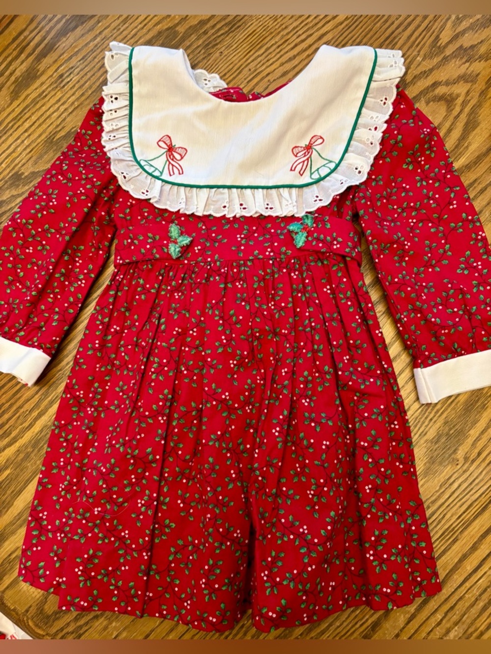 Rare Editions Red Floral Dress with White Embroidered Bib Vintage